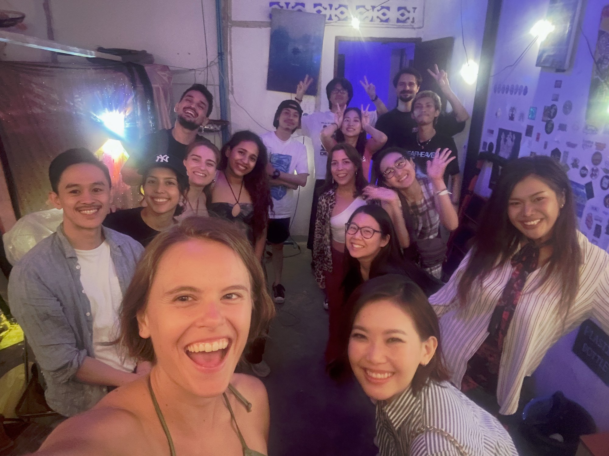 Womxn on Stage — group selfie with performers and audience at Art House Lat Phrao, Bangkok